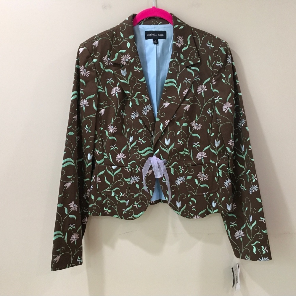 Isabel & Nina Blazer Jacket Women 12 Brown Floral Embroidered Vtg Cotton NWT